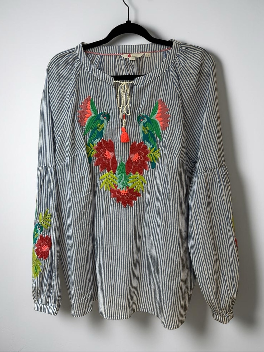 Boden Striped Embroidered Peasant Top with Parrot & Floral Motif  size 16